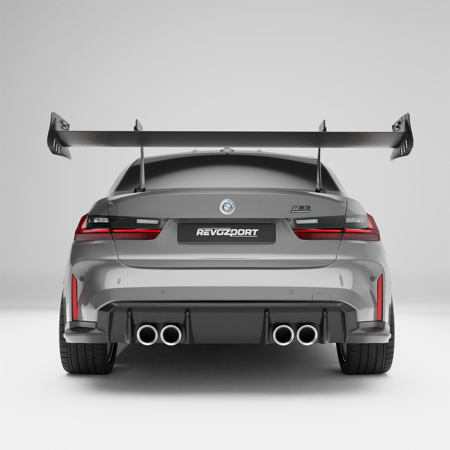 BMW M3 G80 carbon fiber rear wing rear three-quarter view on the car