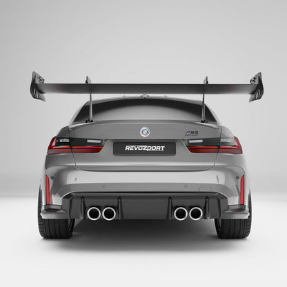 BMW M3 G80 carbon fiber rear wing rear three-quarter view on the car