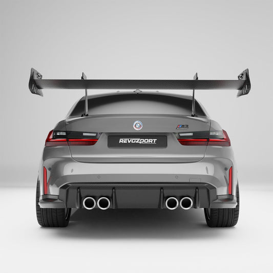 BMW M3 G80 carbon fiber rear wing rear three-quarter view on the car