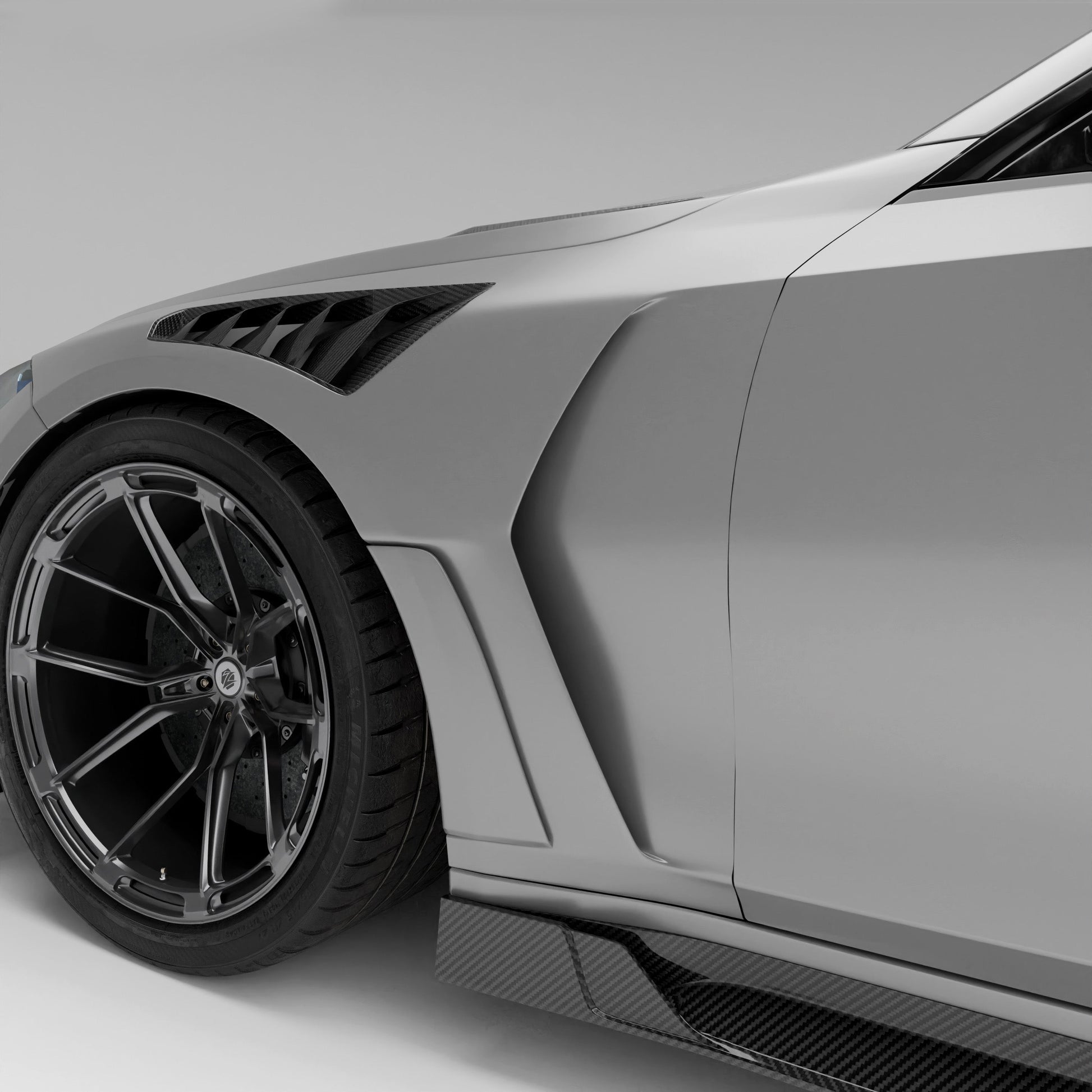 BMW M3 G80 carbon fiber side fender installed, front quarter view