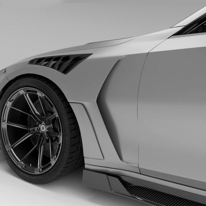 BMW M3 G80 carbon fiber side fender installed, front quarter view