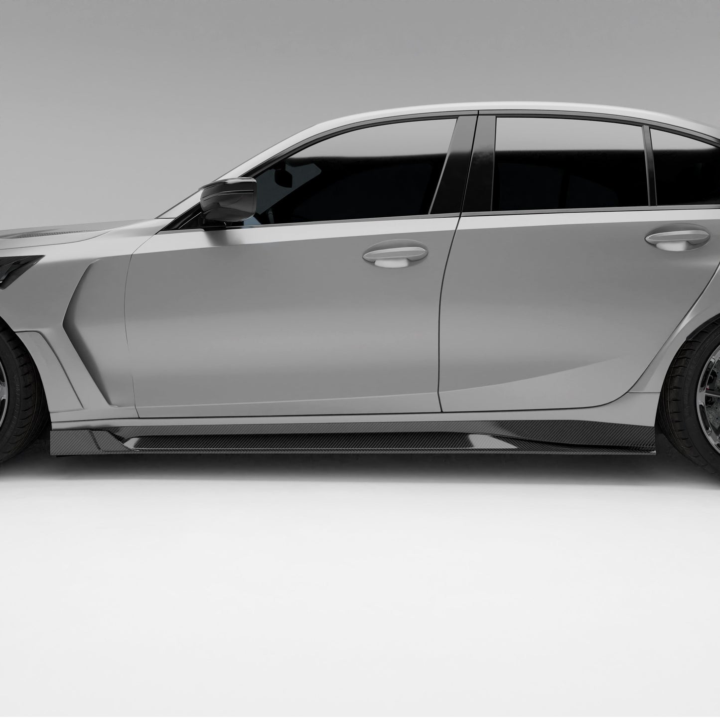 Carbon fiber side skirt for BMW M3 G80, angled close-up of the weave