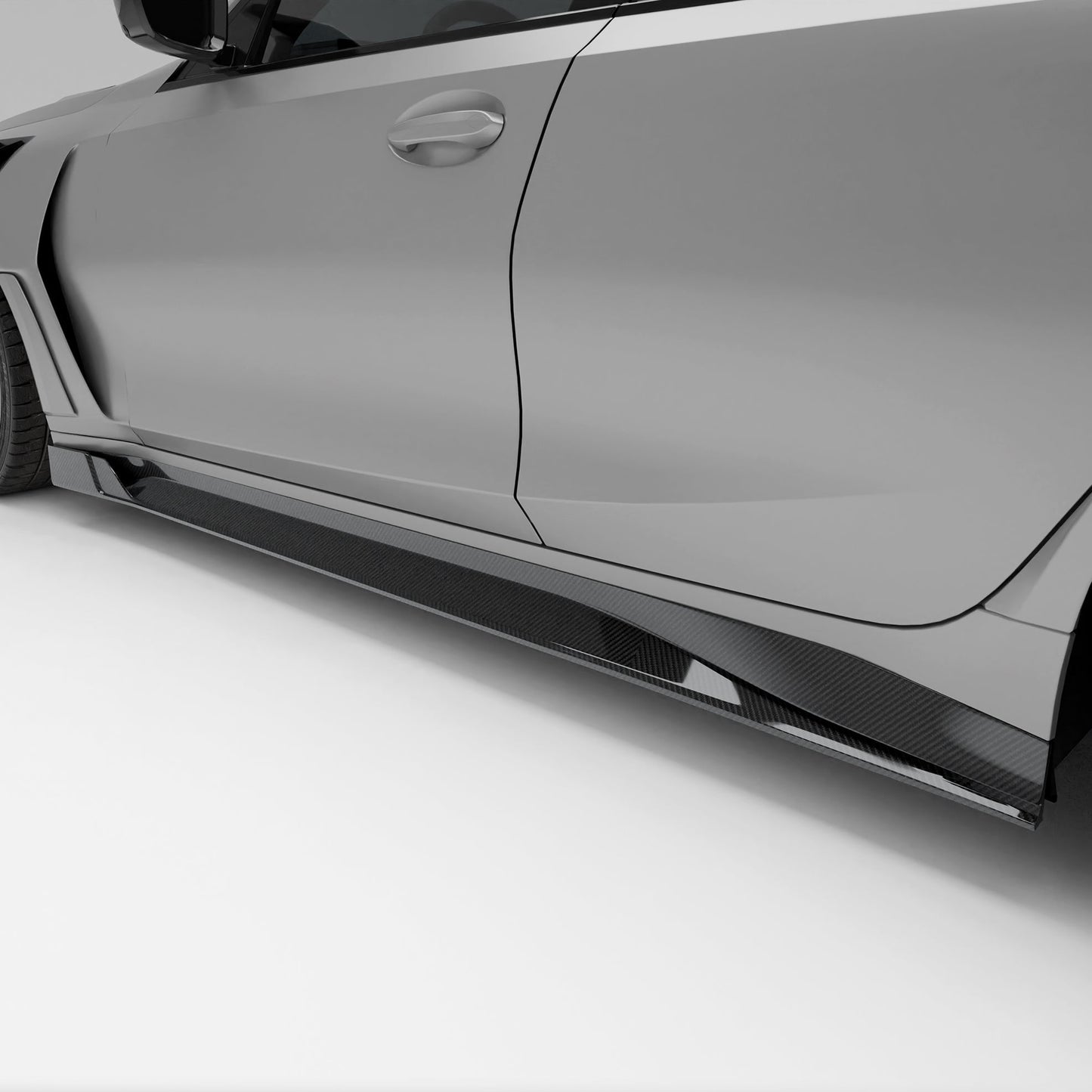 BMW M3 G80 carbon fiber side skirts mounted, full side profile view
