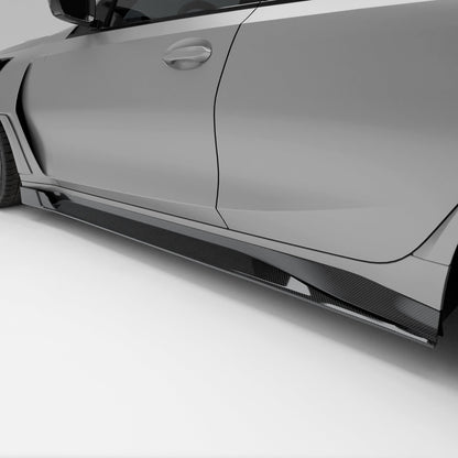 BMW M3 G80 carbon fiber side skirts mounted, full side profile view