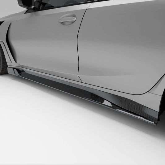 BMW M3 G80 carbon fiber side skirts mounted, full side profile view