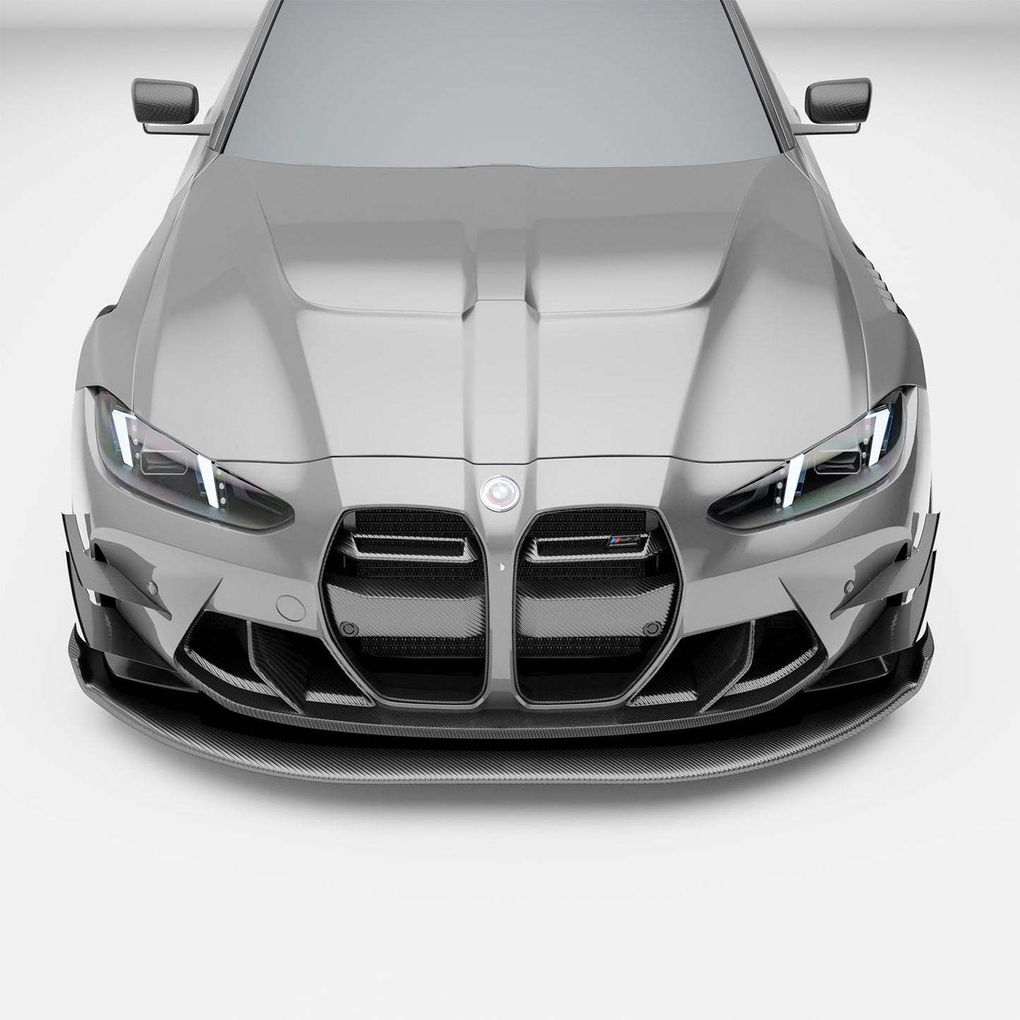 BMW M3 G80 carbon fiber splitter and air dam front-on view on the car