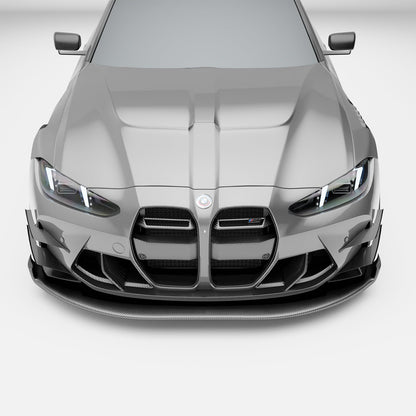 BMW M3 G80 carbon fiber splitter and air dam front-on view on the car