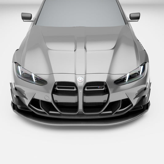BMW M3 G80 carbon fiber splitter and air dam front-on view on the car