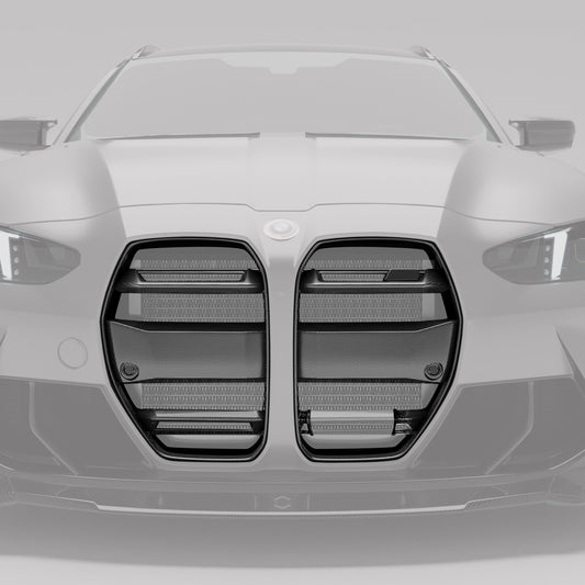 BMW M3 G81 carbon front grille angled view showing carbon weave