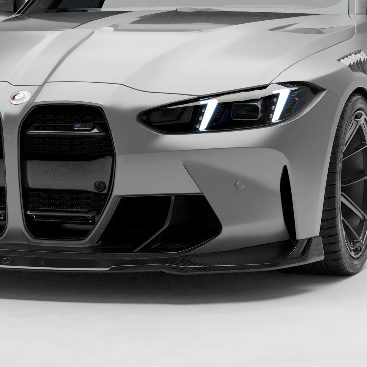 BMW M3 G81 carbon fiber front trim mounted on bumper presentation