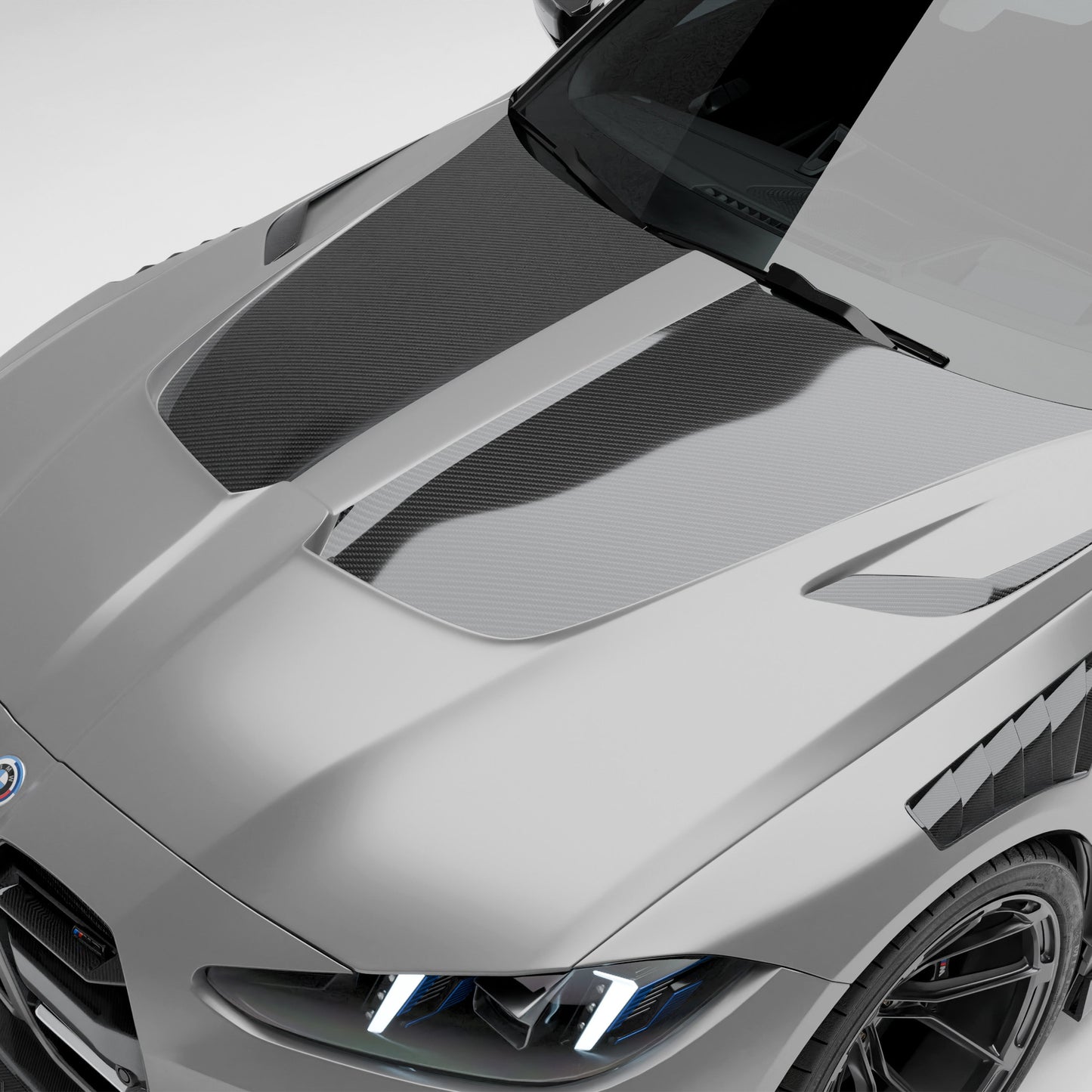 BMW M3 G81 carbon fiber hood mounted front end angle view