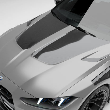 BMW M3 G81 carbon fiber hood mounted front end angle view
