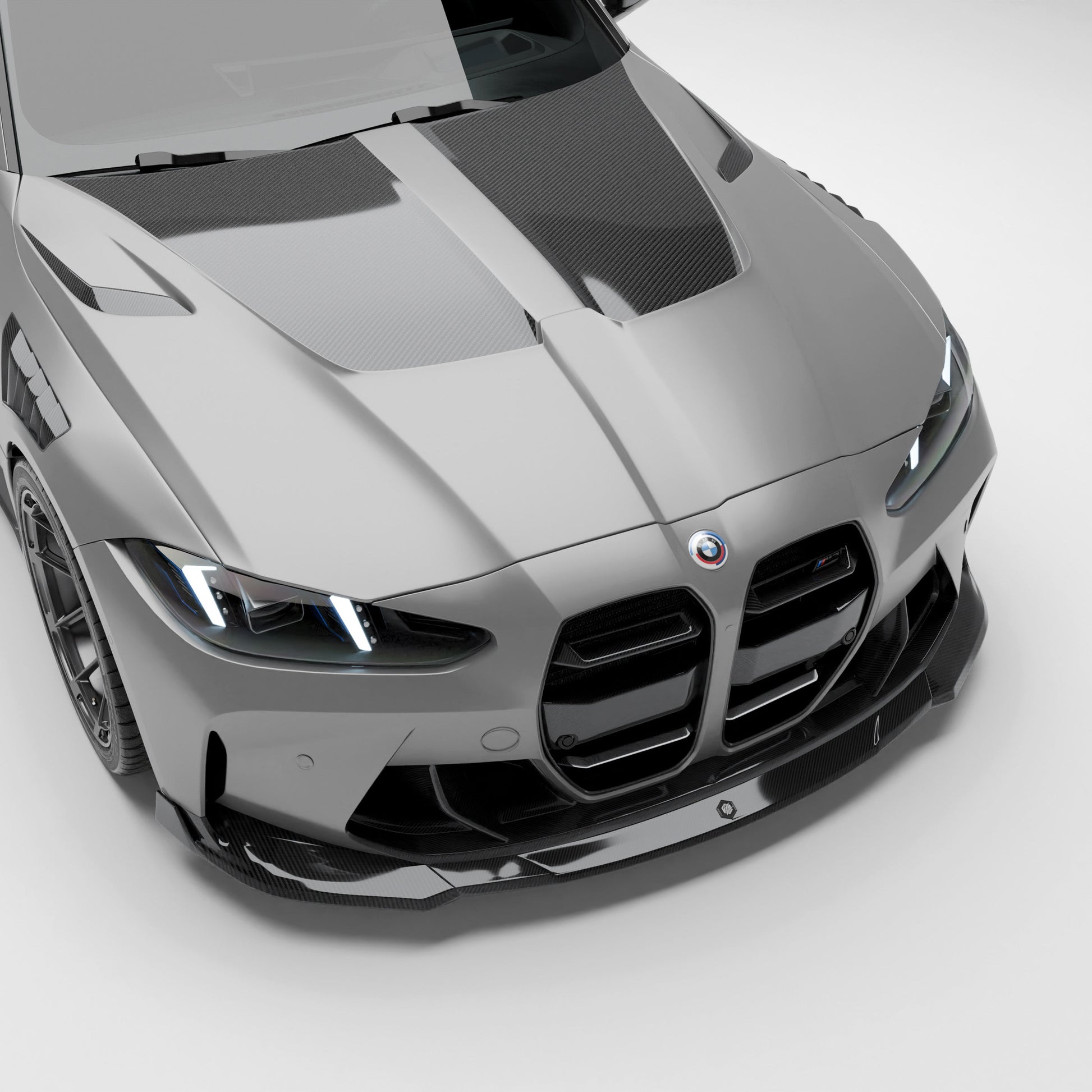 BMW M3 G81 carbon fiber vented hood front three quarter view