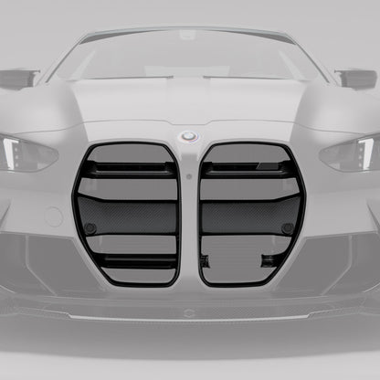 BMW M4 G82 carbon front grille angled view showing carbon weave