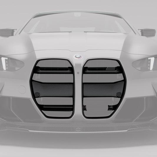 BMW M4 G82 carbon front grille angled view showing carbon weave