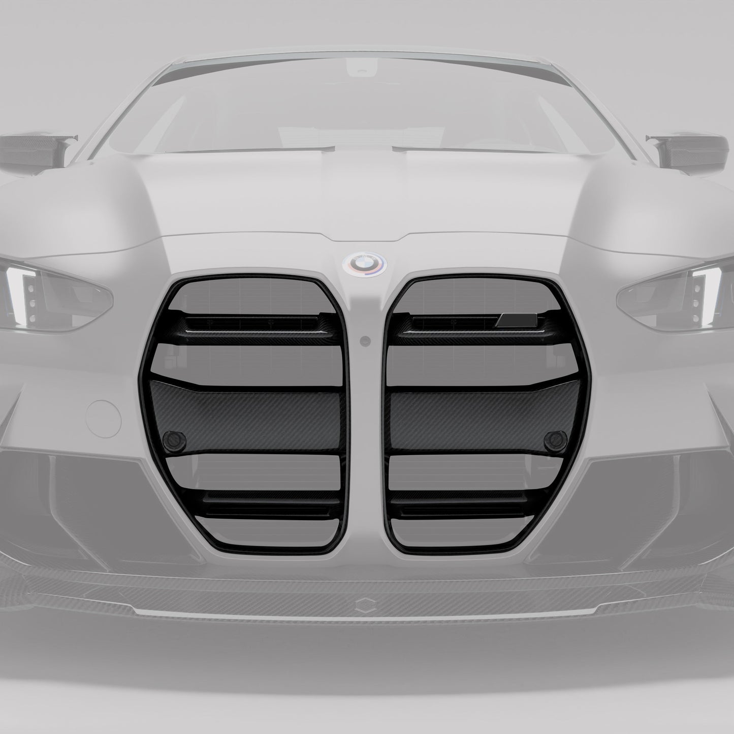 BMW M4 G82 carbon front grille, angled studio shot of the surround