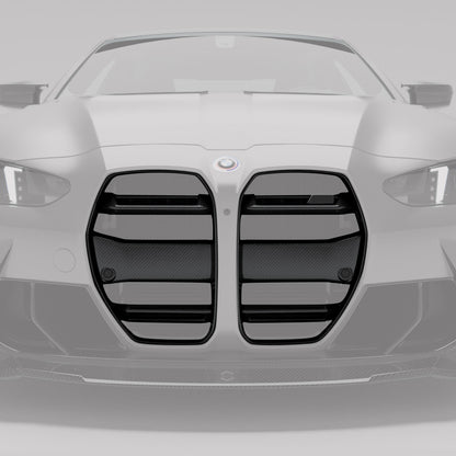 BMW M4 G82 carbon front grille, angled studio shot of the surround