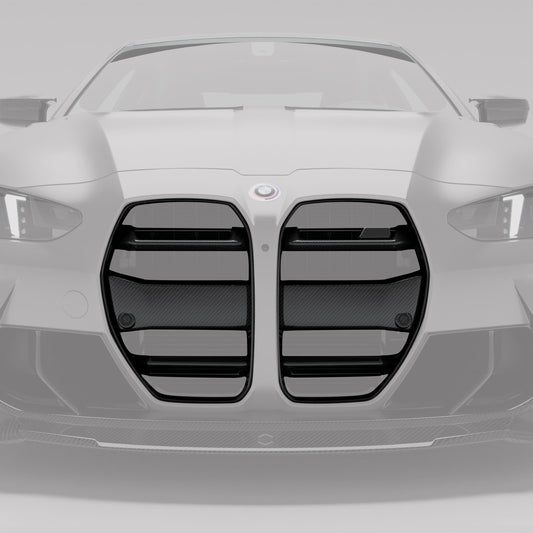BMW M4 G82 carbon front grille, angled studio shot of the surround