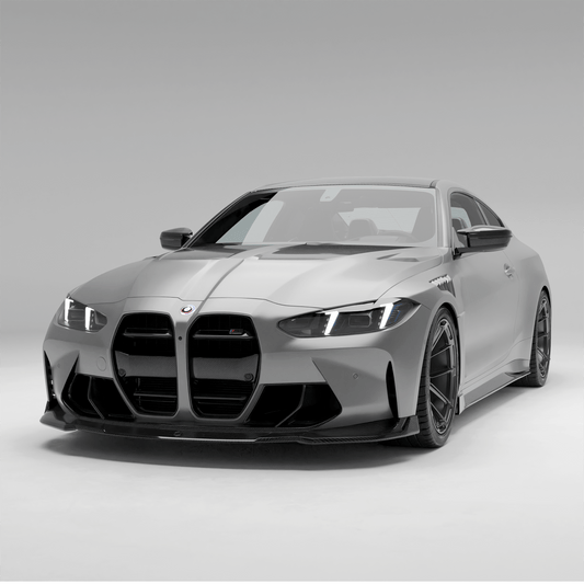 BMW M4 G82 carbon fiber front lip splitter, front three-quarter view