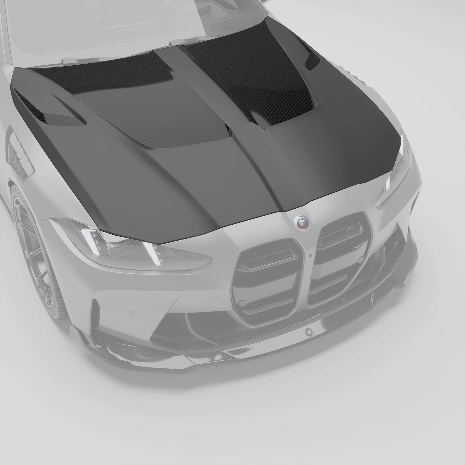 BMW M4 G82 carbon fiber hood angled view on the coupe front end