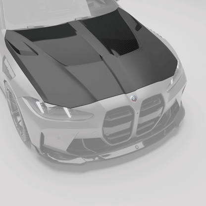 BMW M4 G82 carbon fiber hood angled view on the coupe front end