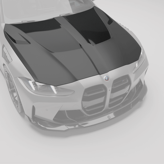 BMW M4 G82 carbon fiber hood angled view on the coupe front end