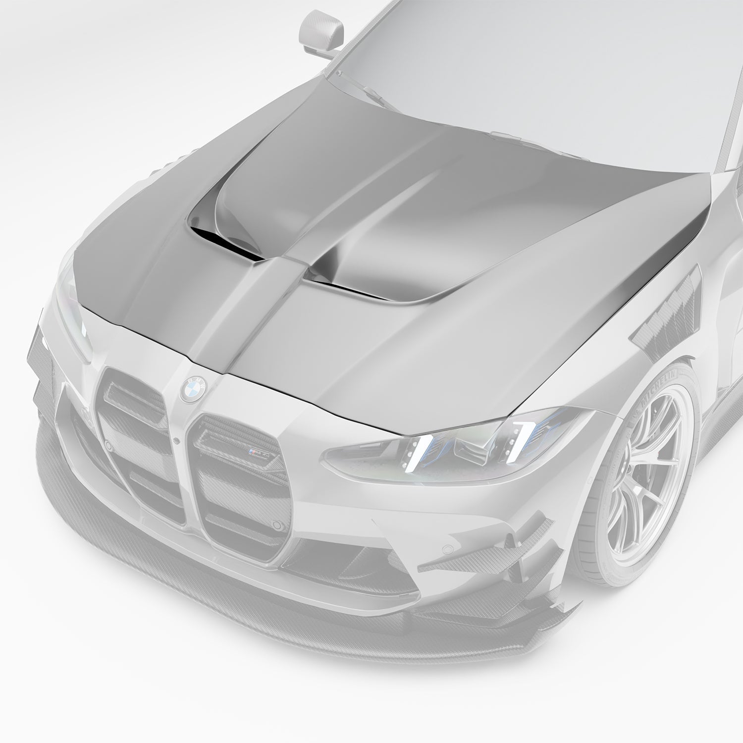BMW M4 G82 carbon fiber aero hood three-quarter angle showing vents