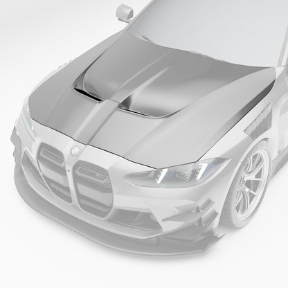 BMW M4 G82 carbon fiber aero hood three-quarter angle showing vents