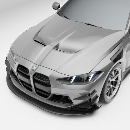 BMW M4 G82 carbon fiber aero hood front-on view on the car