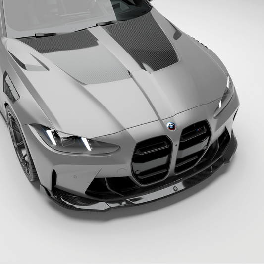 BMW M4 G82 carbon fiber vented hood, top front view showing vents