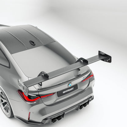 BMW M4 G82 carbon fiber rear wing mounted low angle view