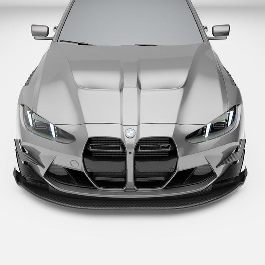 BMW M4 G82 carbon fiber splitter and air dam, low front view
