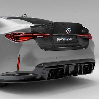 BMW M4 G82 carbon fiber trunk lid rear three quarter view