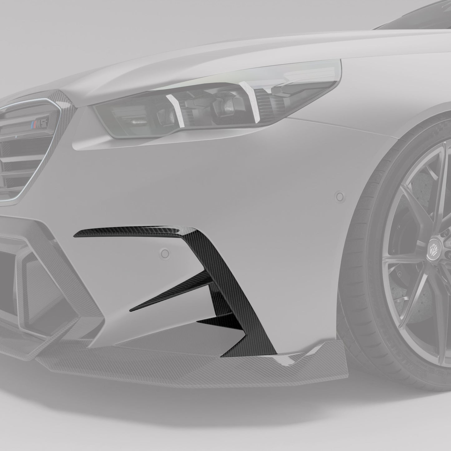 BMW M5 G90 carbon fiber front canard angled profile view