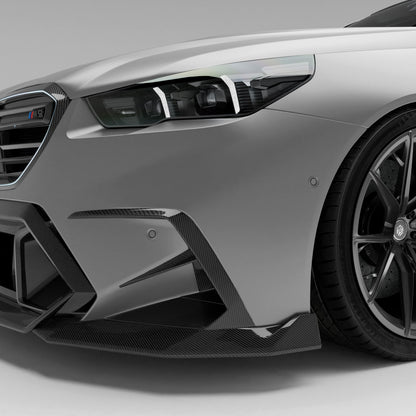 BMW M5 G90 carbon fiber front canards mounted corner view