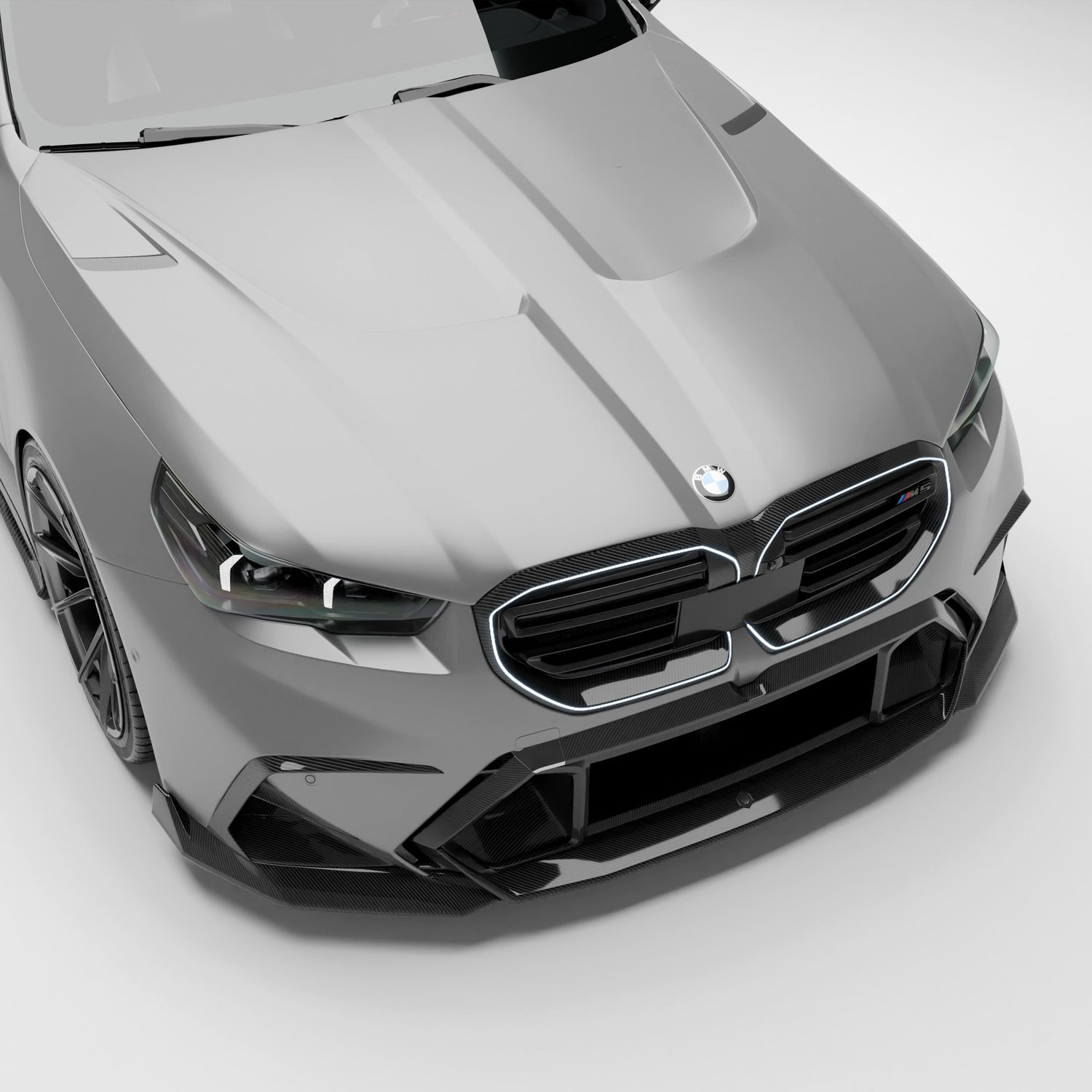 BMW M5 G90 carbon fiber vented hood front three-quarter view