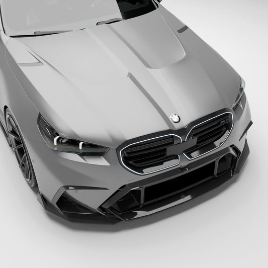 BMW M5 G90 carbon fiber vented hood front three-quarter view