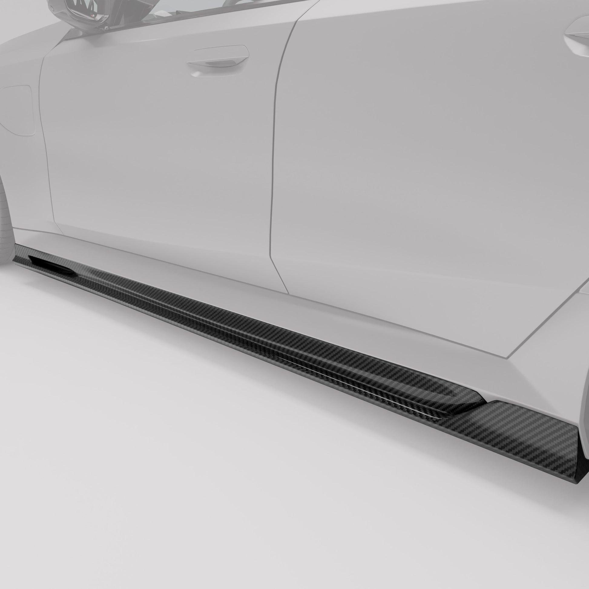 BMW M5 G90 carbon side skirts mounted, lower rocker view
