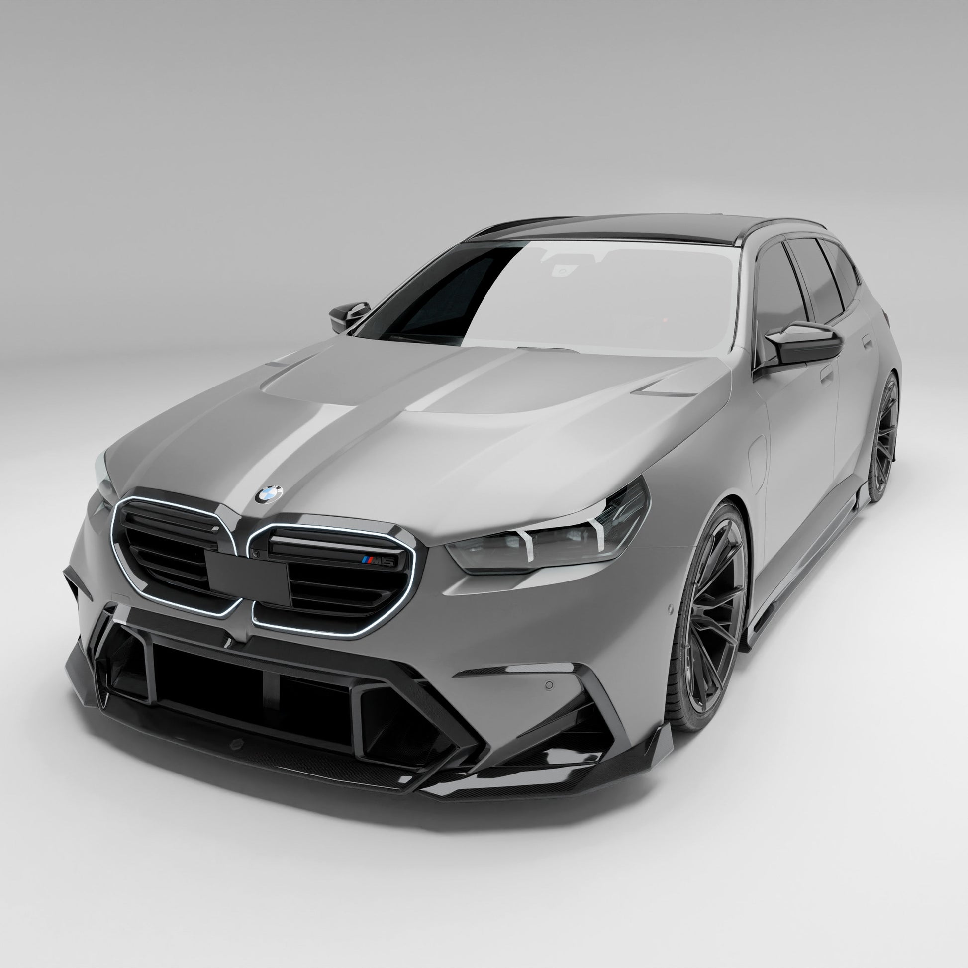BMW M5 G99 vented carbon fiber hood mounted front angle