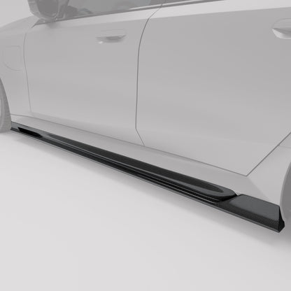 Carbon fiber side skirts installed on BMW M5 G99 rocker