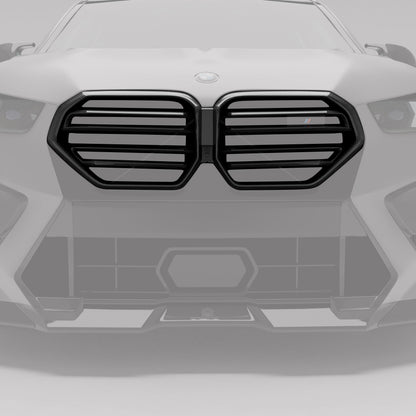 BMW X5M F95 LCI carbon front grille straight on view on the SUV fascia