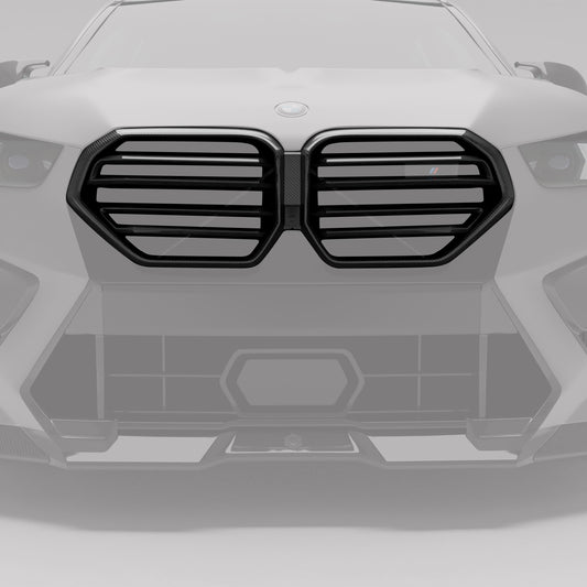 BMW X5M F95 LCI carbon front grille straight on view on the SUV fascia