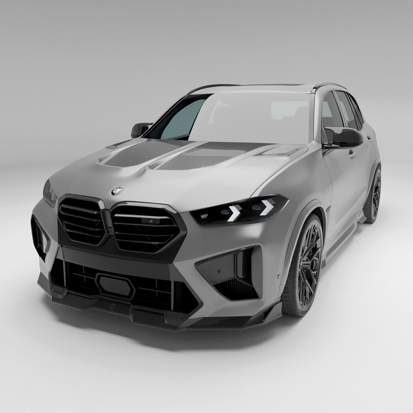 BMW X5M F95 LCI carbon fiber front lip mounted detail view