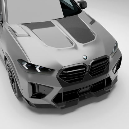 BMW X5M F95 LCI carbon fiber hood front three quarter view