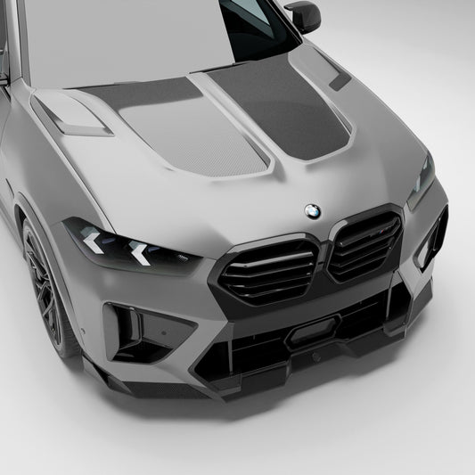 BMW X5M F95 LCI carbon fiber hood front three quarter view