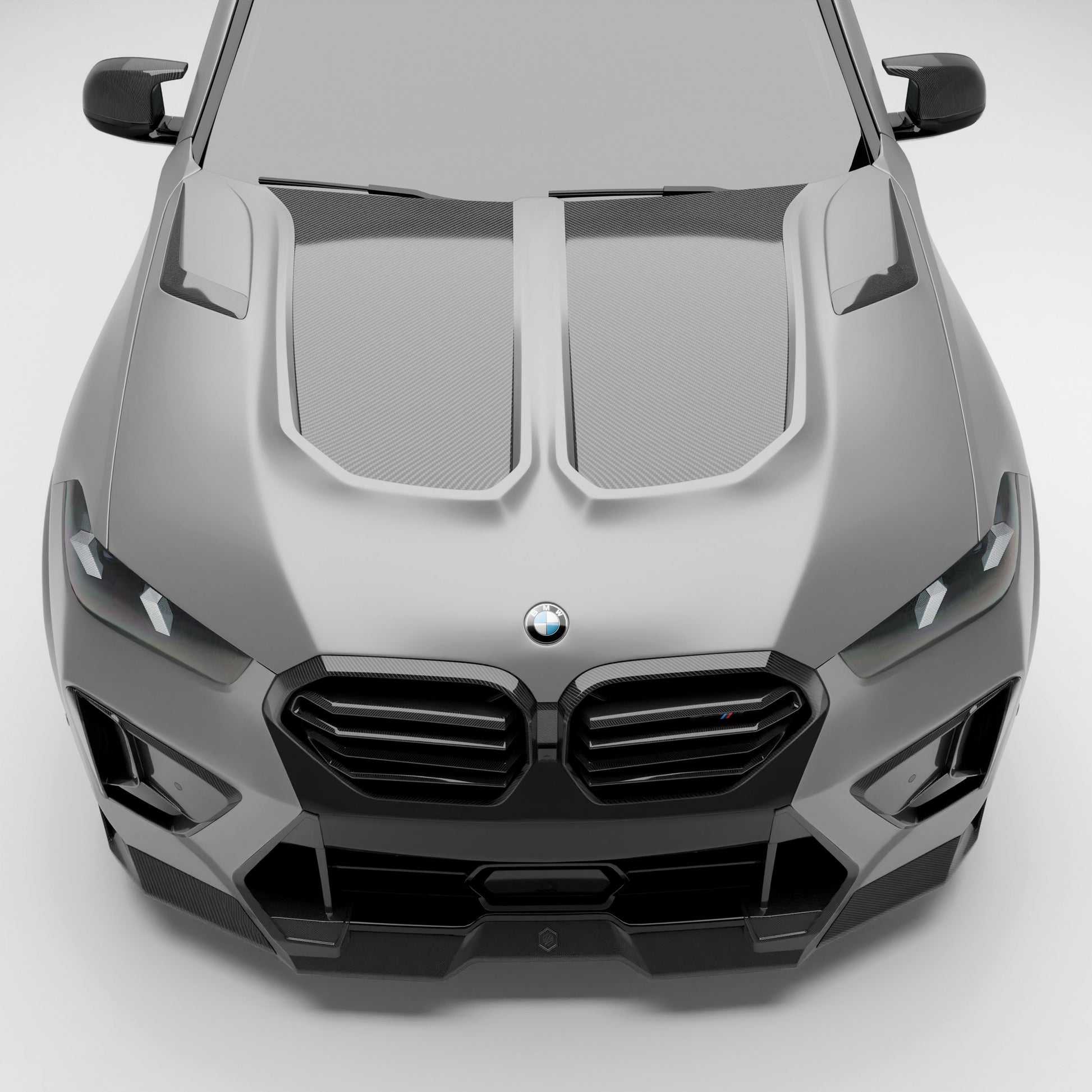 BMW X5M F95 LCI carbon fiber hood installed front end view
