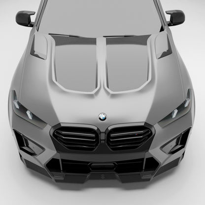 BMW X5M F95 LCI carbon fiber hood installed front end view