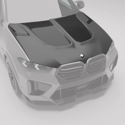 BMW X5M F95 LCI carbon fiber hood top angle showing vents