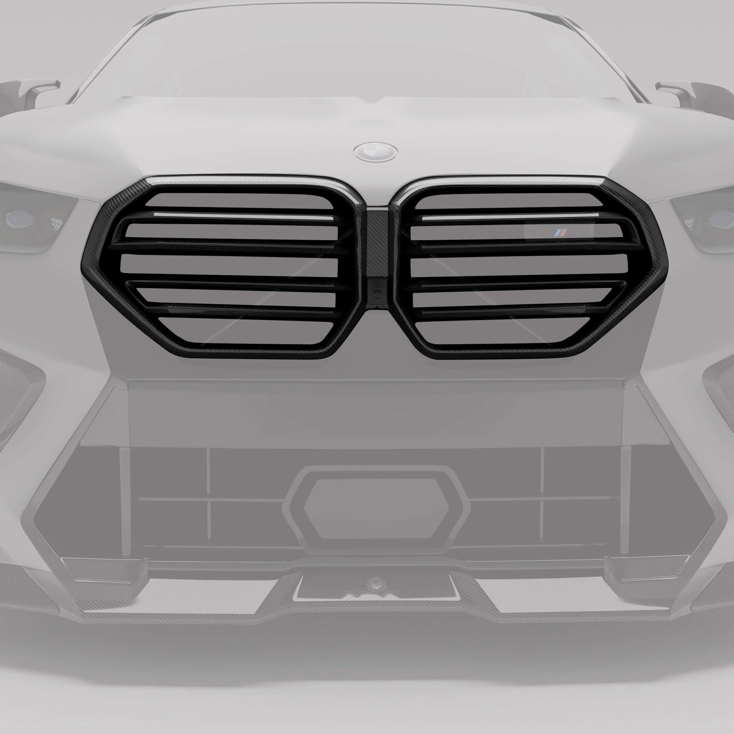 BMW X6M F96 LCI carbon front grille straight on view on the SUV fascia