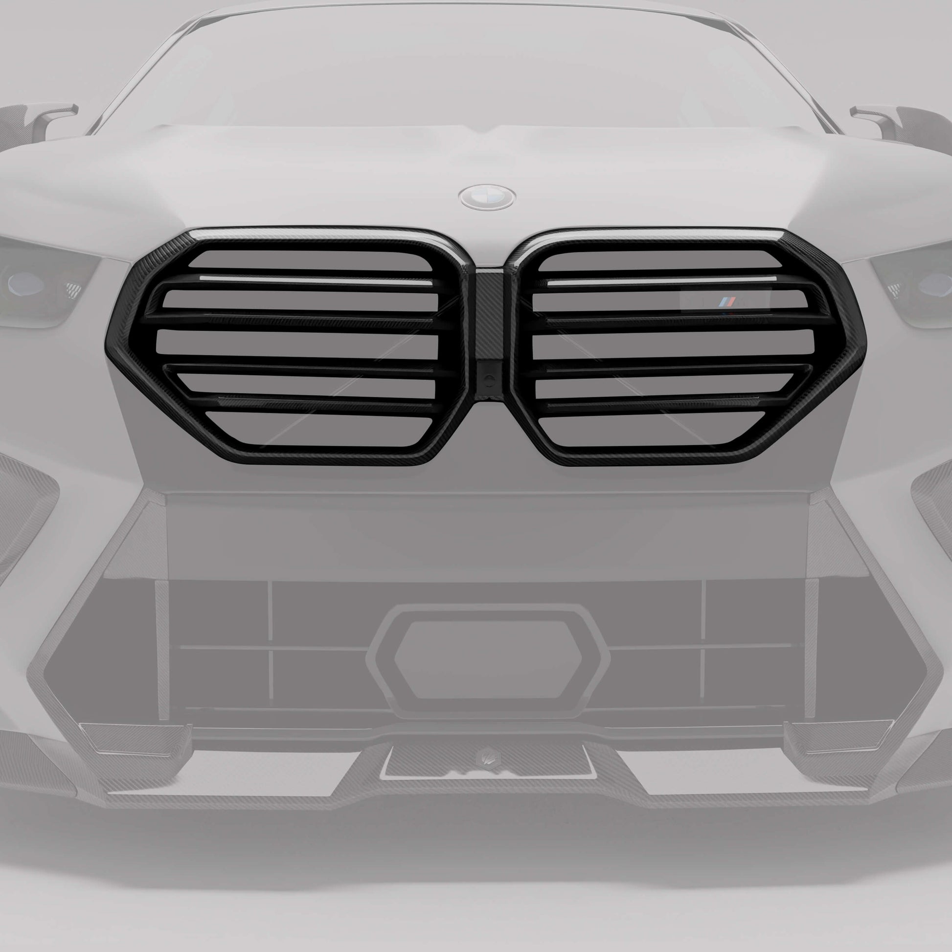 BMW X6M F96 LCI carbon front grille straight on view on the SUV fascia